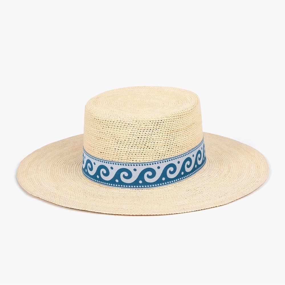 Anthropologie X Elegancia Tropical Stylish Beige Straw Hat with Blue Wave Band